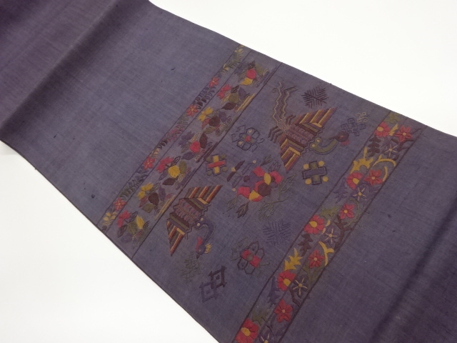 JAPANESE FUKURO OBI / YUKI TSUMUGI / EMBROIDERY / FLOWER & BIRD